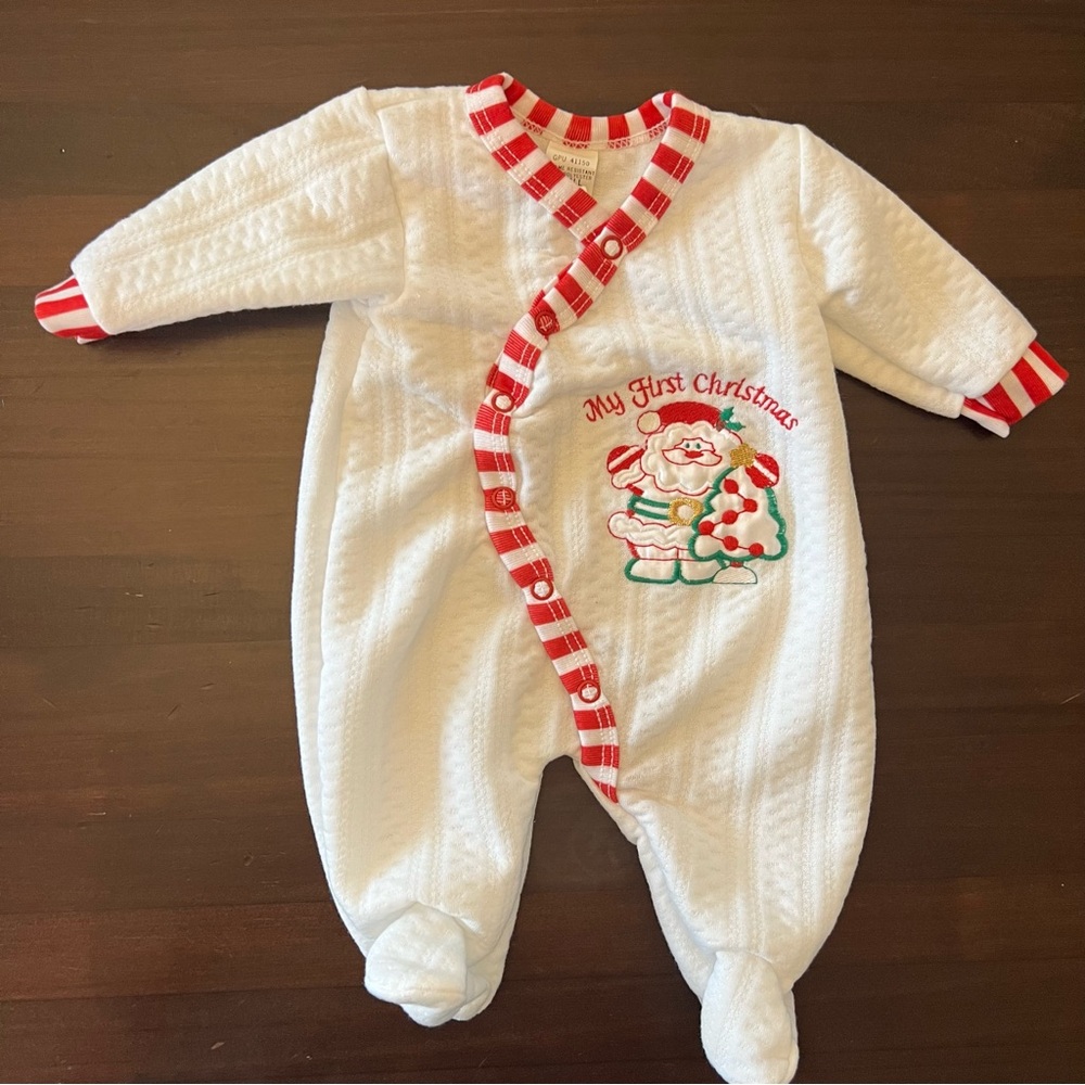 Vintage Christmas Baby Button Up Romper Pointelle White Red Embroidered Small